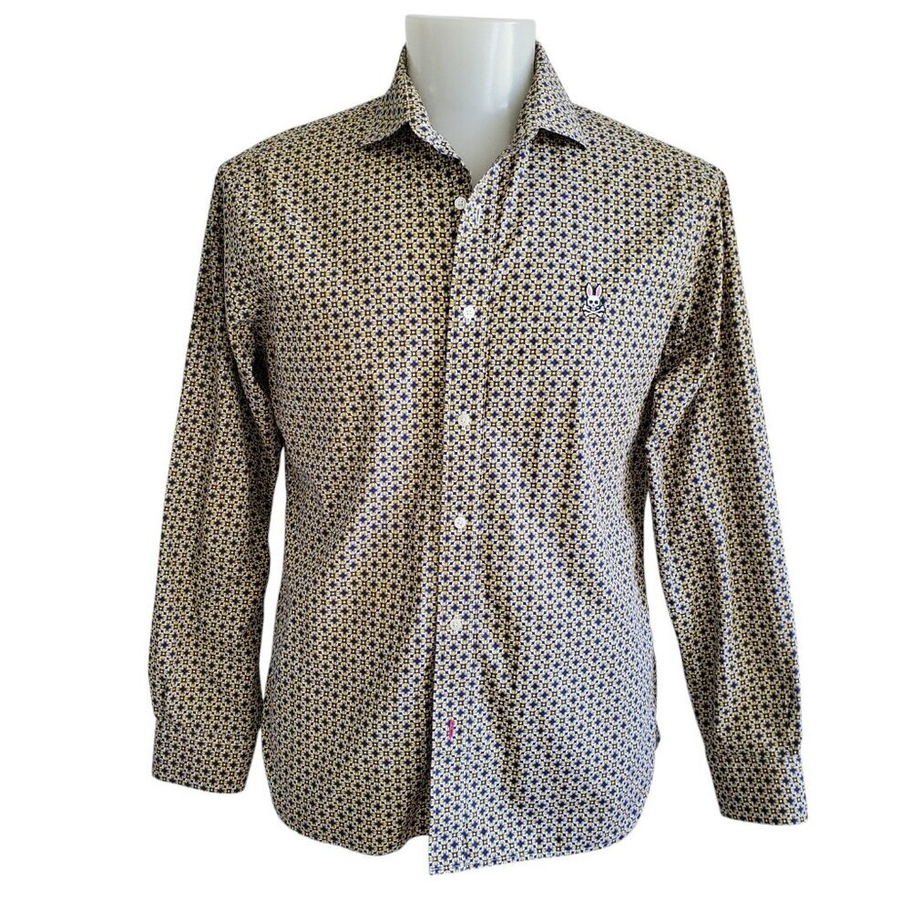Psycho Bunny 100% Pima Cotton Geometric Printed Long Sleeve Button Down Shirt M - Picture 2 of 13
